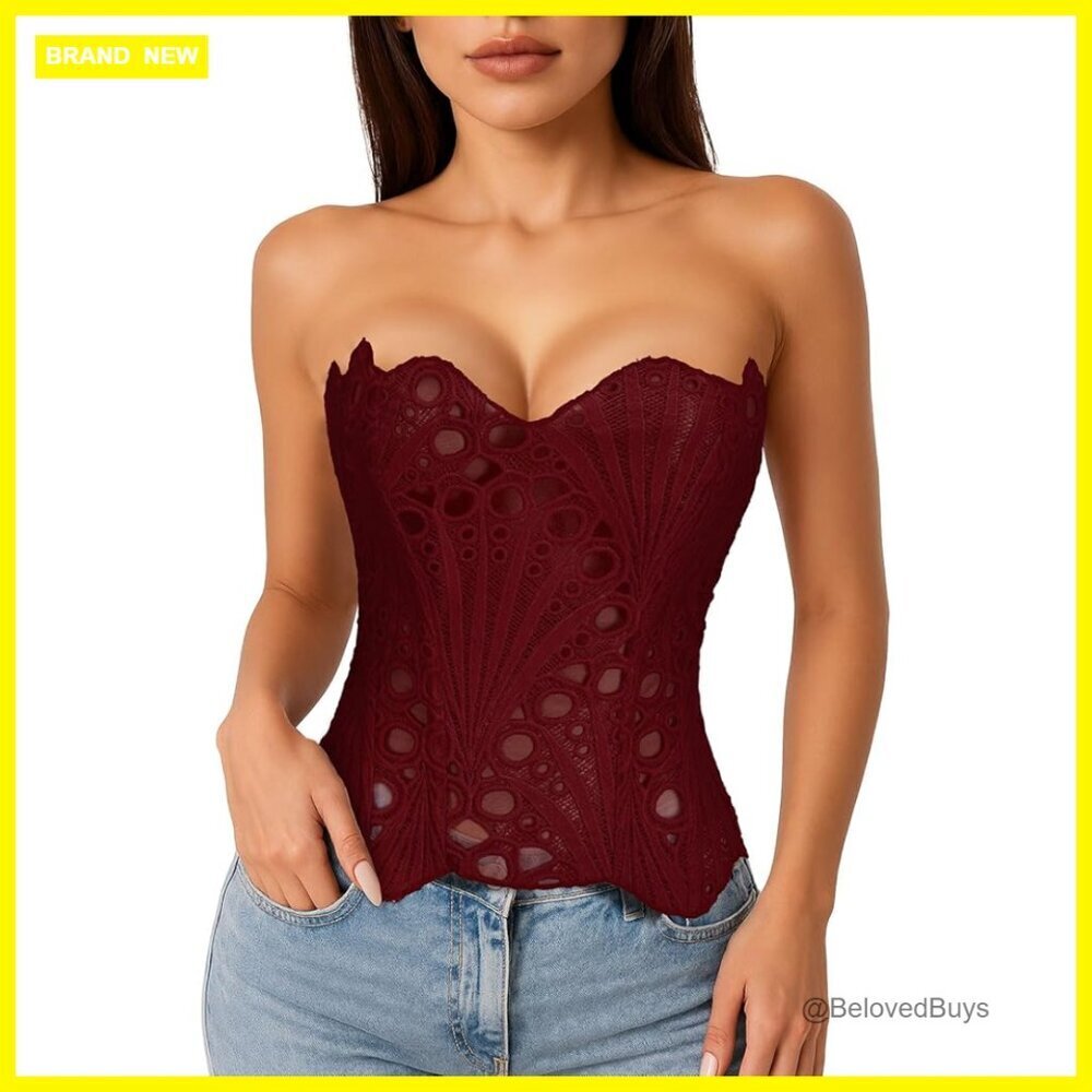 Sheer Lace Corset Top with Boning, Adjustable Lace-Up Back, Size Medium